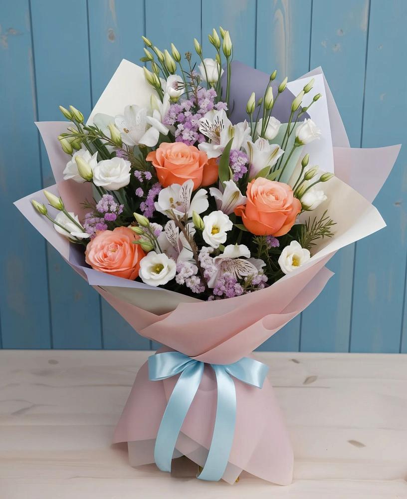 Букет цветов из: Лизиантусы, Розы, Альстромерии и Гипсофила в Панковке