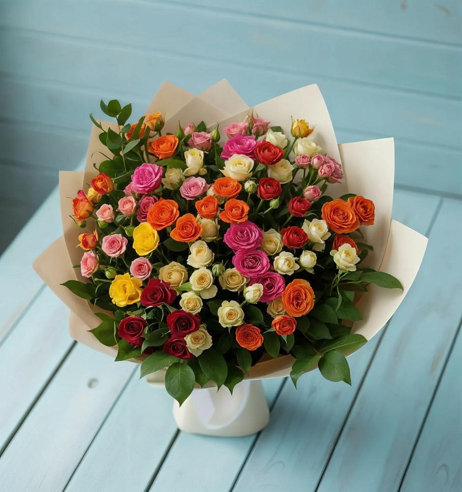 Букет Микс из разноцветных кустовых роз в Панковке