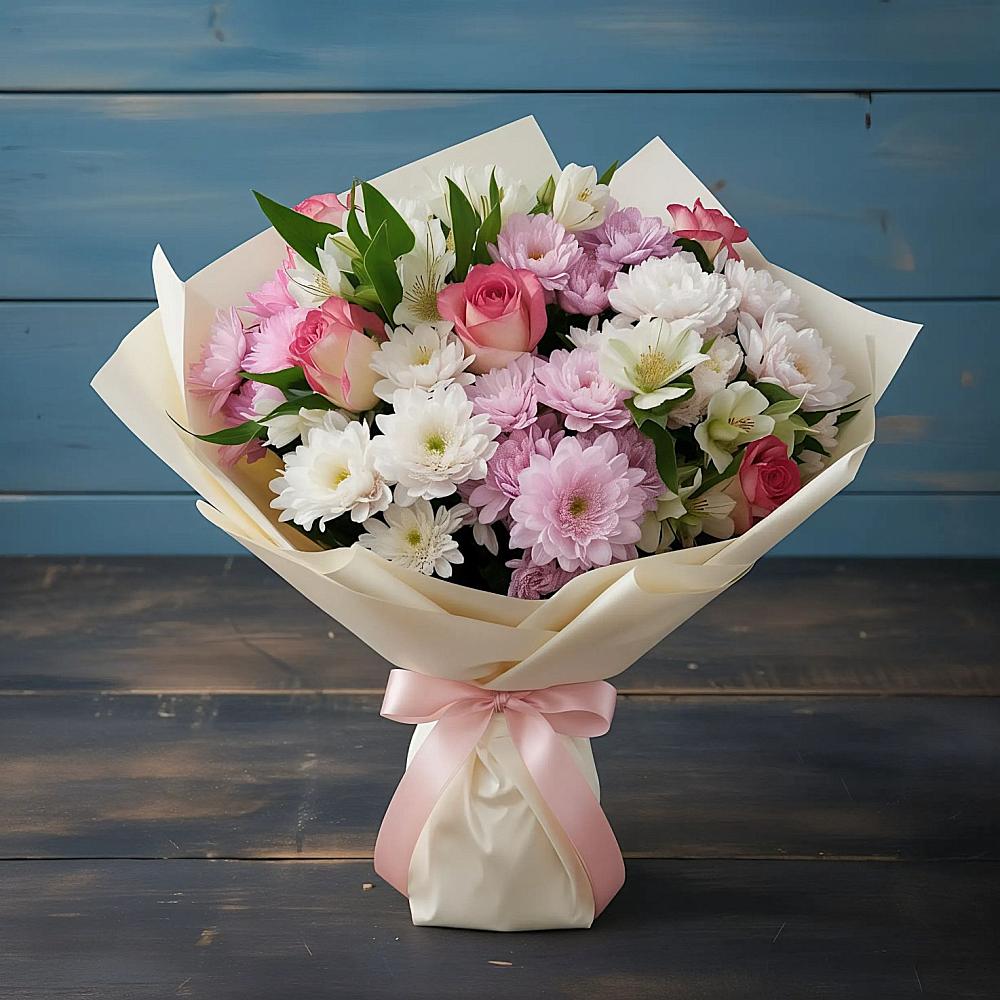 Букет цветов из: Хризантемы, Альстромерии и Розы в Панковке